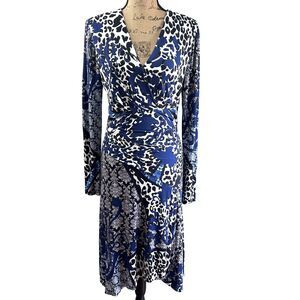 Etcetera Women's Blue/Black/White Animal Print Long Sleeve Jersey Dress Sz M